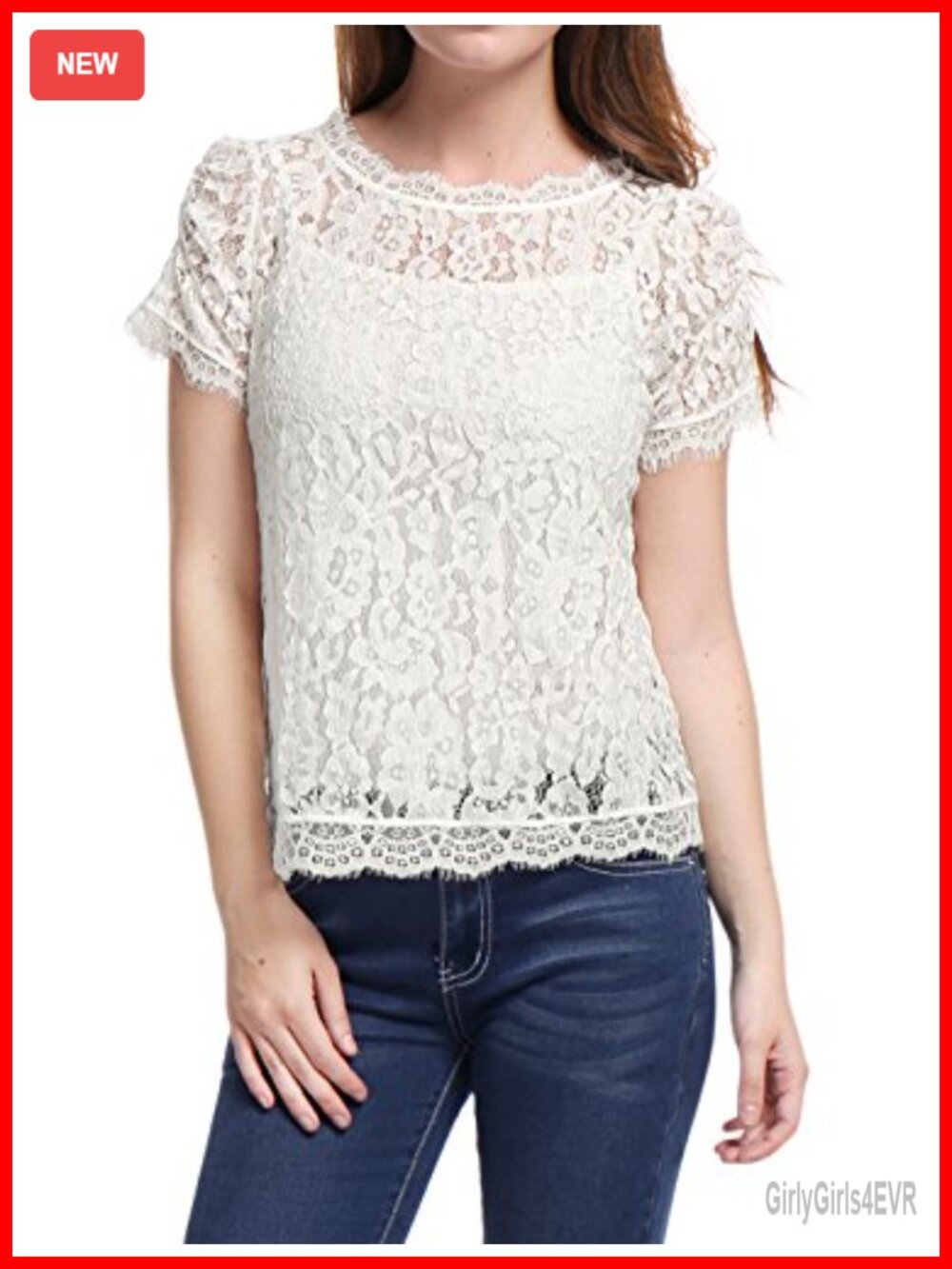 Womens Lace Top Summer Floral Scalloped Trim Short Sleeve Semi Sheer Blouse